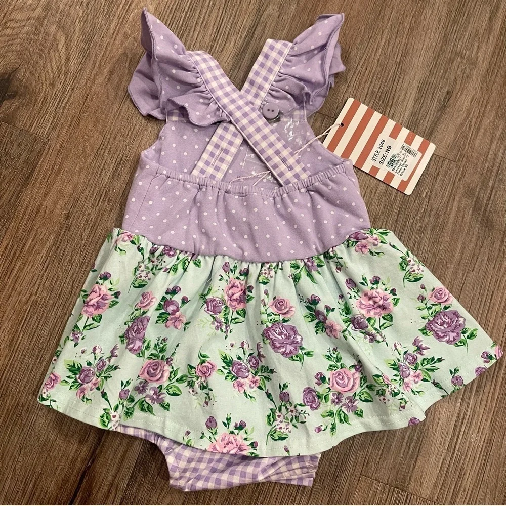 Serendipity Romper Baby Girl Sz Newborn Pastel Purple Mint Floral Gingham Girly